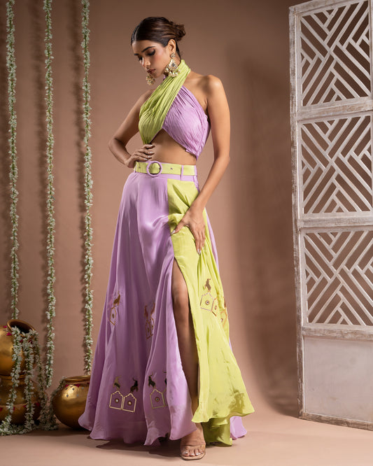 Green Lilac Indo Lehenga With Belt (Set of 2)