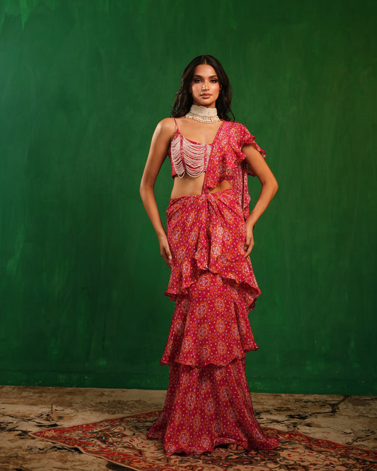 Fuchsia Mandla Digital Print Ruffle Pre Drape Saree Set (Set of 2)
