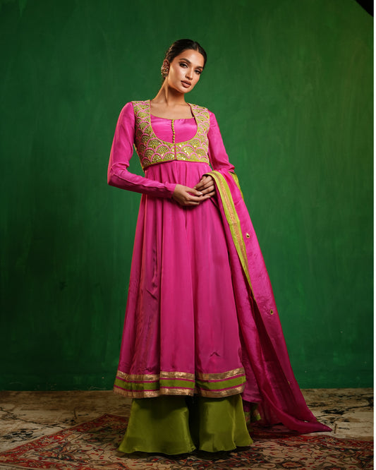 Fuschia Pink - Lime Green Heavy Anarkali Set (Set of 4)