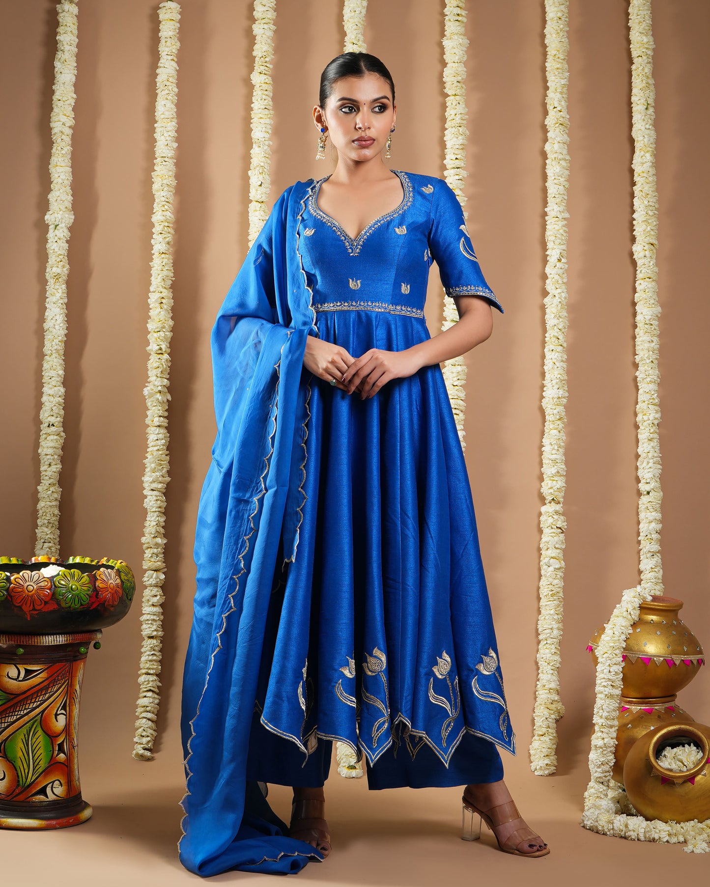 Royal Blue Silk Cutwork Anarkali Set (Set Of 3)