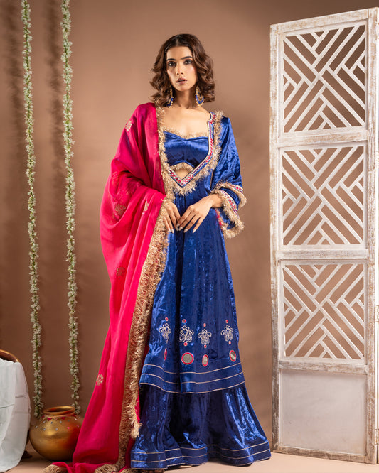 Royal Blue Velvet Anarkali Suit Set (Set of 4)