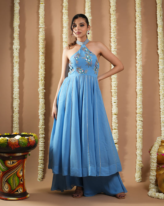 Blue Georgette Halter Neck Anarkali Set (Set Of 3)