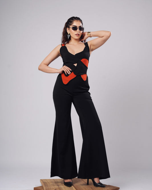 Helen - Black & Rust Sculpted Corset Top With Flared Trouser