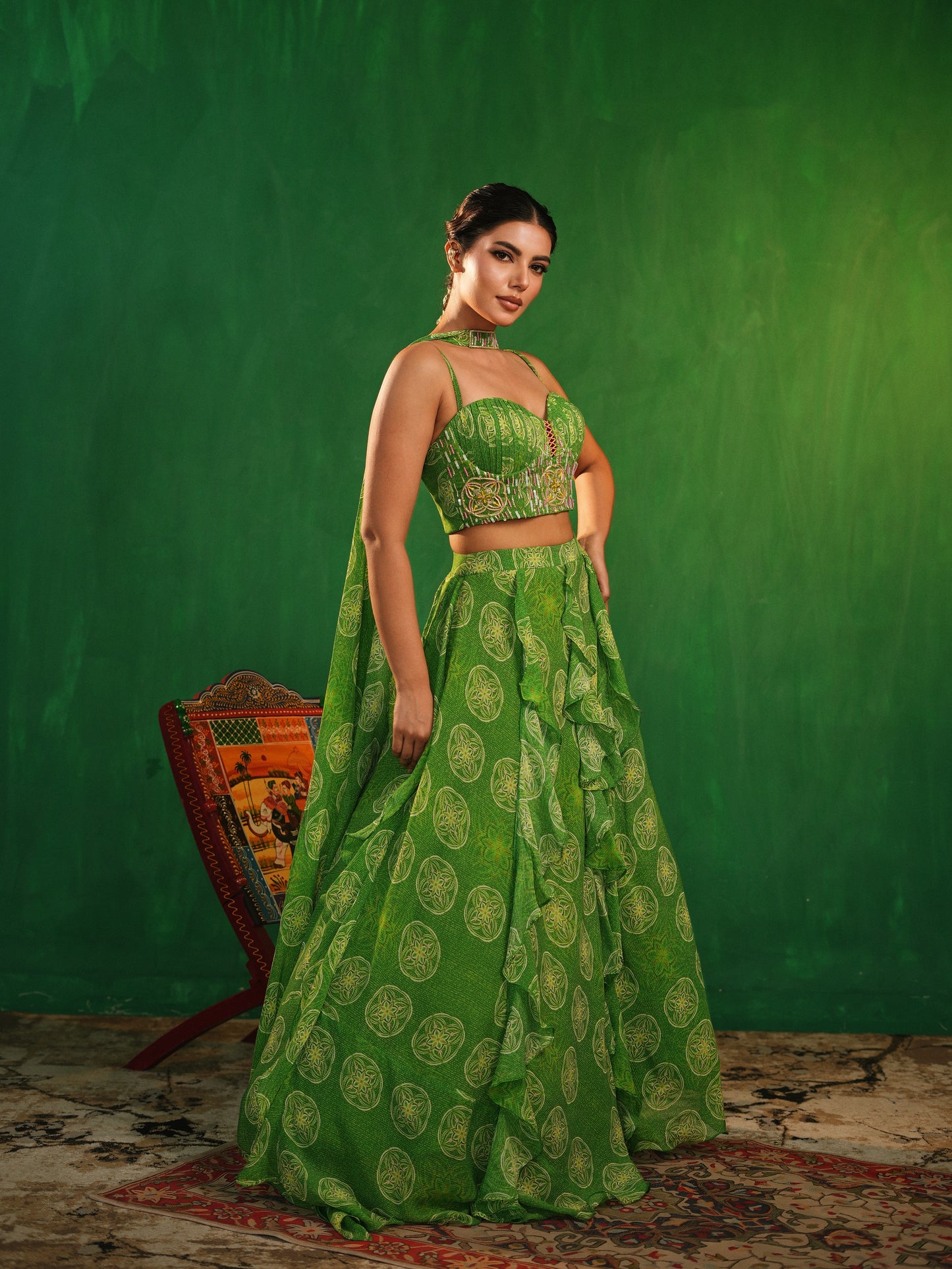 Lime Green Ruffle Lehenga Set (Set of 3)