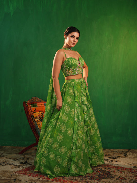 Lime Green Ruffle Lehenga Set (Set of 3)