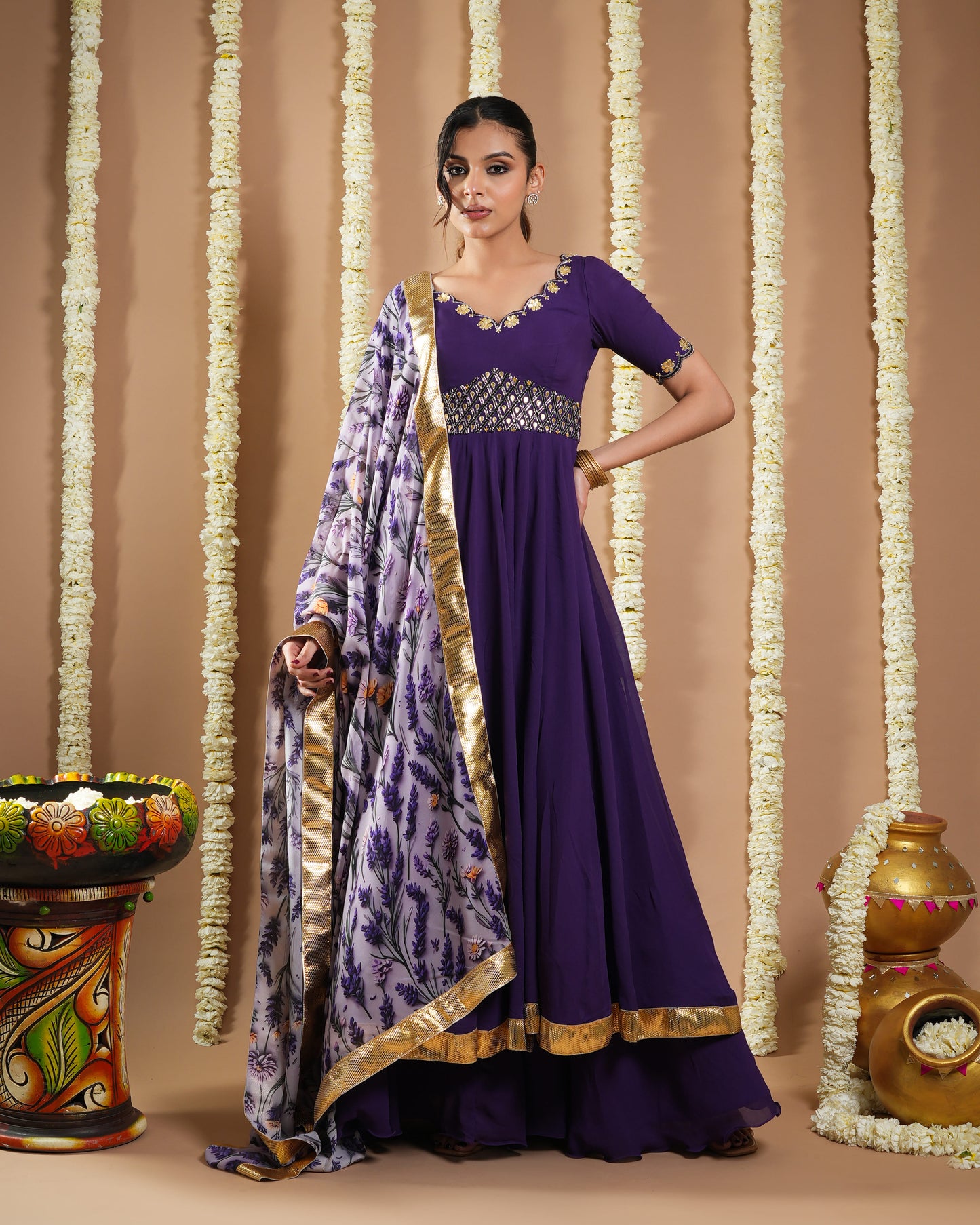 Dark Purple Georgette Anarkali Set (Set Of 3)