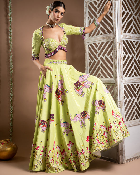 Elephant Print Green And Purple Heavy Lehenga Set (Set of 3)