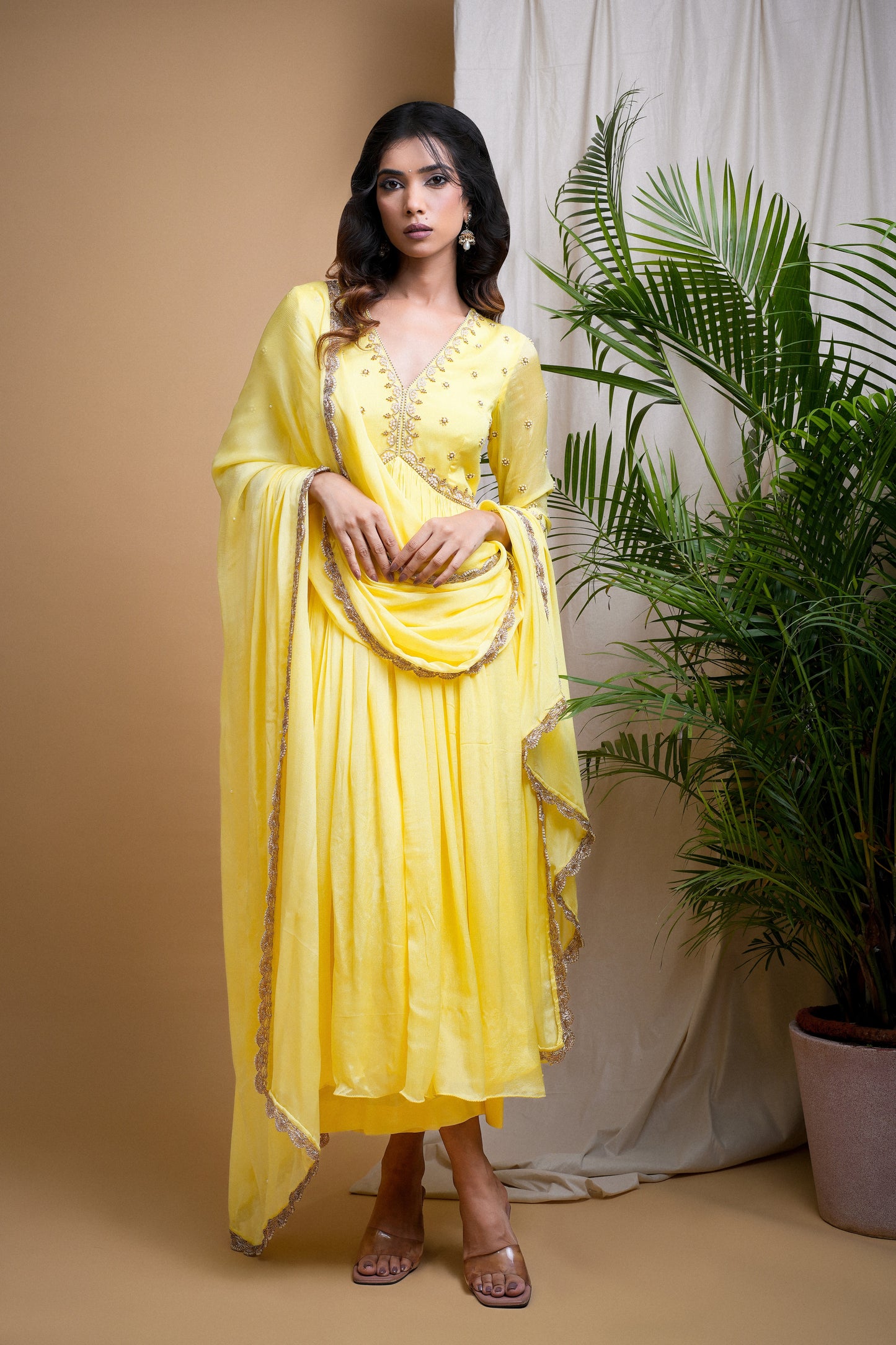 YELLOW CHIFFON ANARKALI SET (SET OF 3)