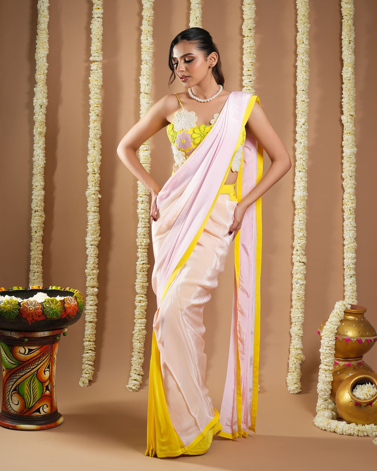 Yellow / Pink Flower Applique Pre Draped Saree (Set Of 2)