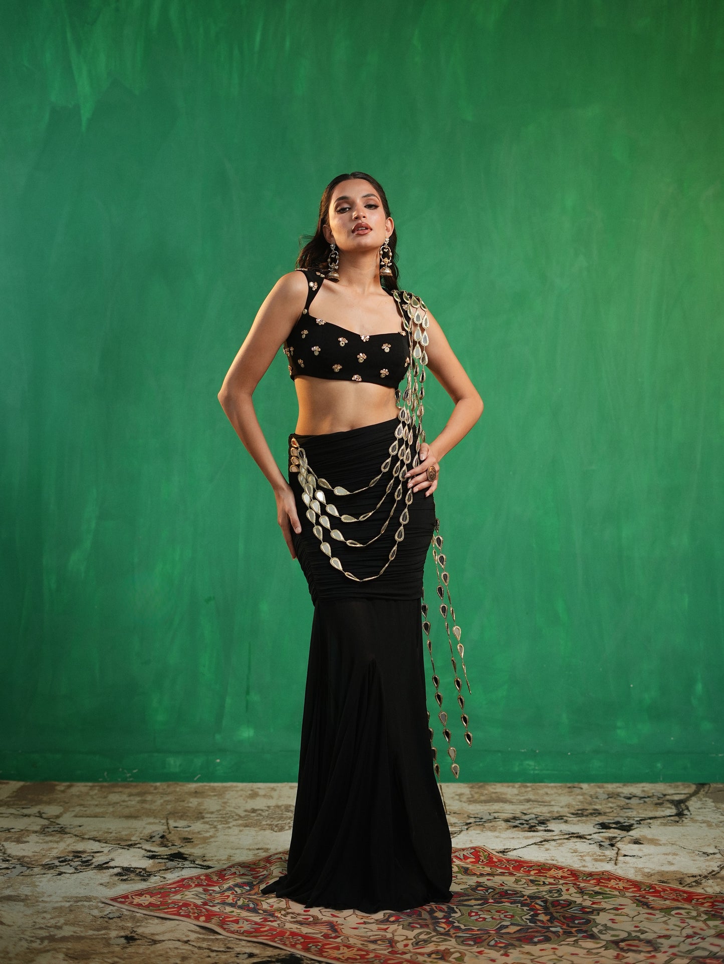 Black Heavy Mirror Draped Indo Saree Set (Set of 2)