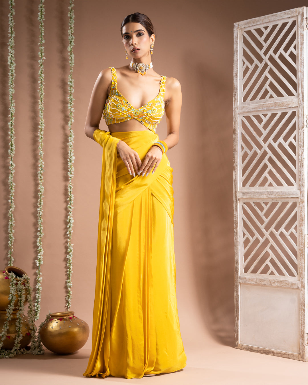 Canary Yellow Pre-Drape Saree Set (Set of 2)