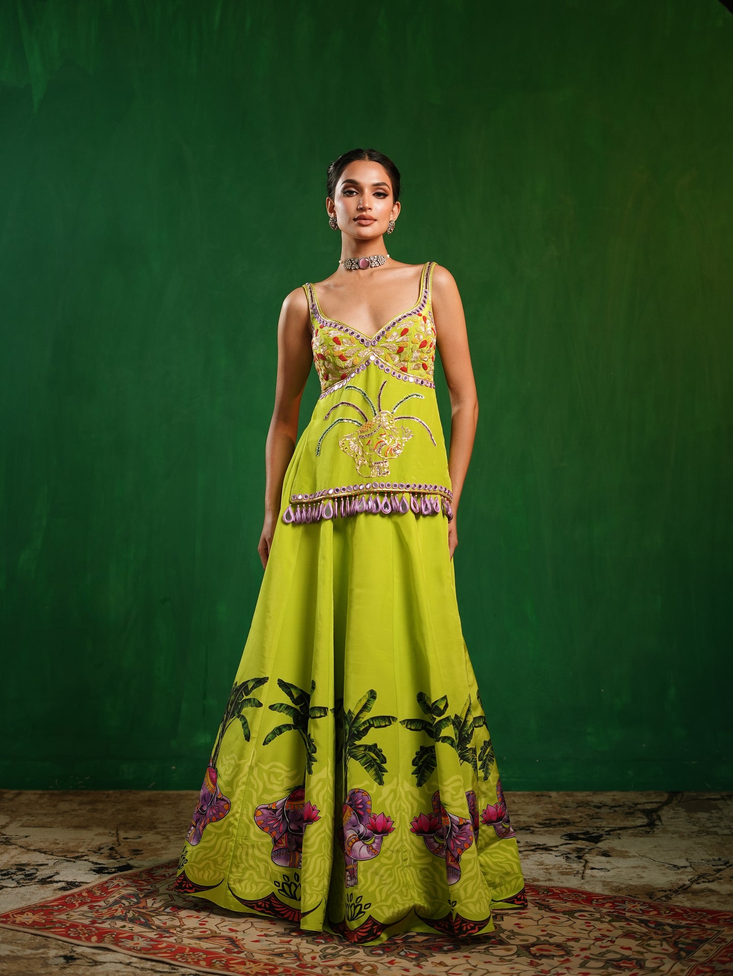 Green Purple Elephant Printed Indo Lehenga Set (Set of 2)