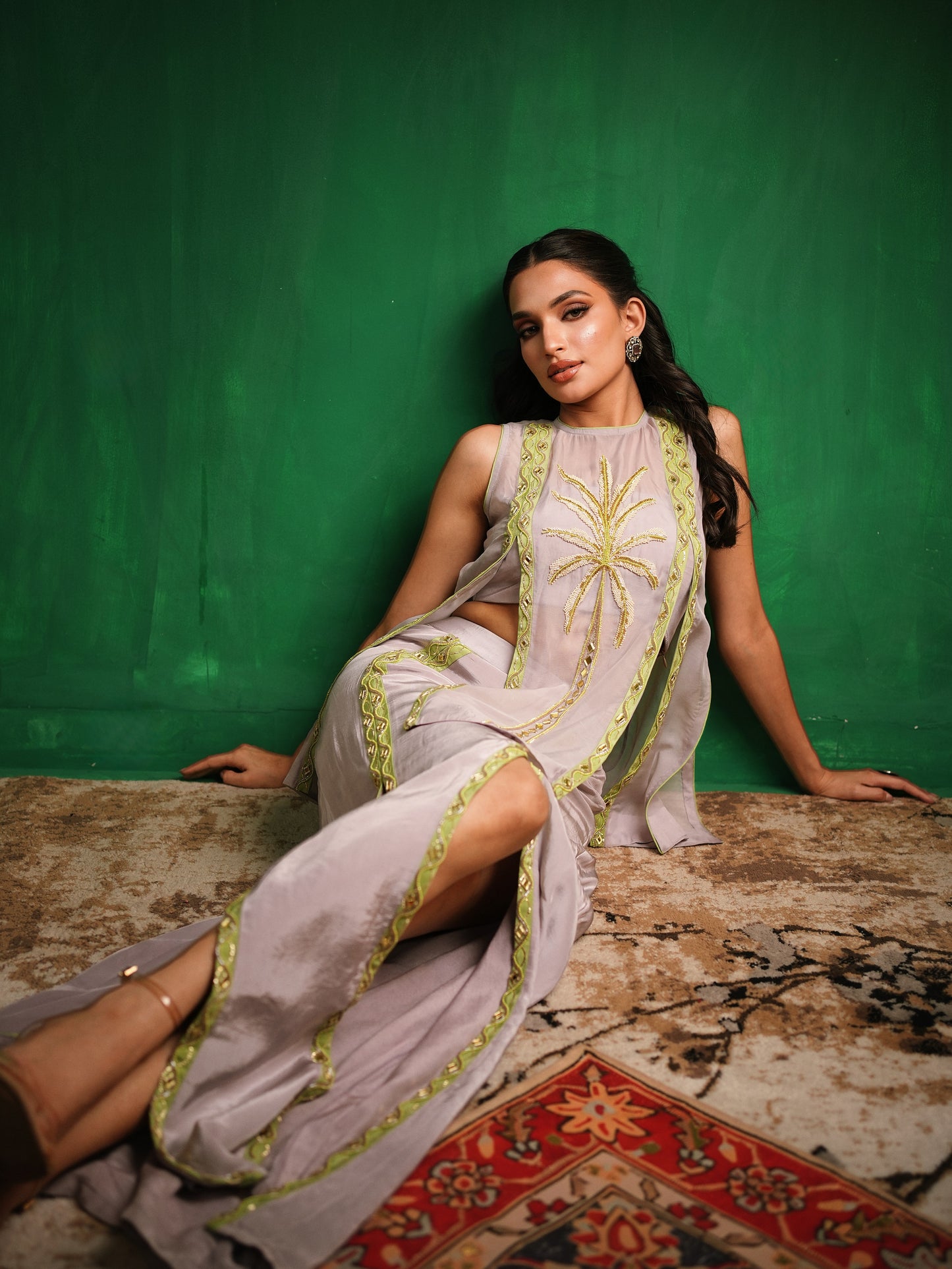 Lilac-Lime Green Organza Indo Set  (Set of 3)