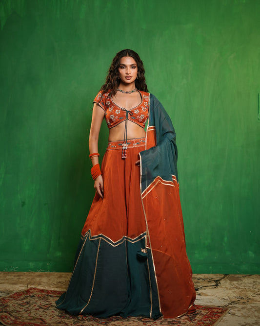 Rust-Teal Heavy Patchwork Lehenga Set (Set of 3)