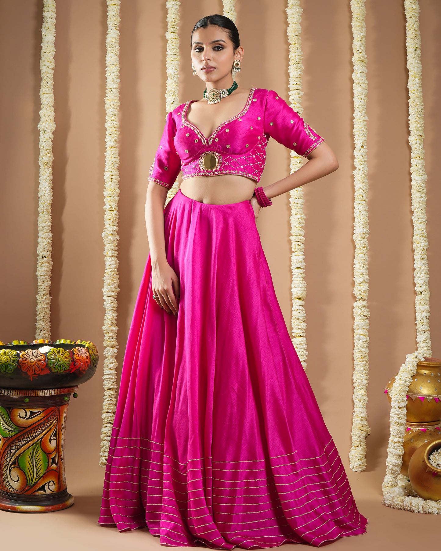 Hot Pink Silk Heavy Lehenga Set (Set Of 3)