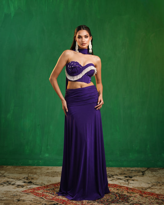 Royal Purple Drape Corset Indo Skirt Set  (Set of 3)