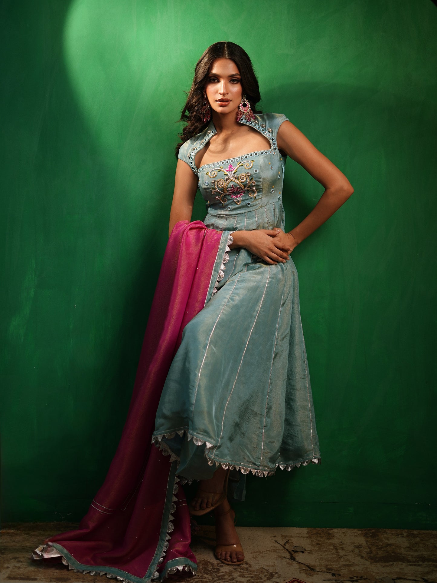 Aqua Blue Tissue Silk Heavy Anarkali Set  (Set of 3)