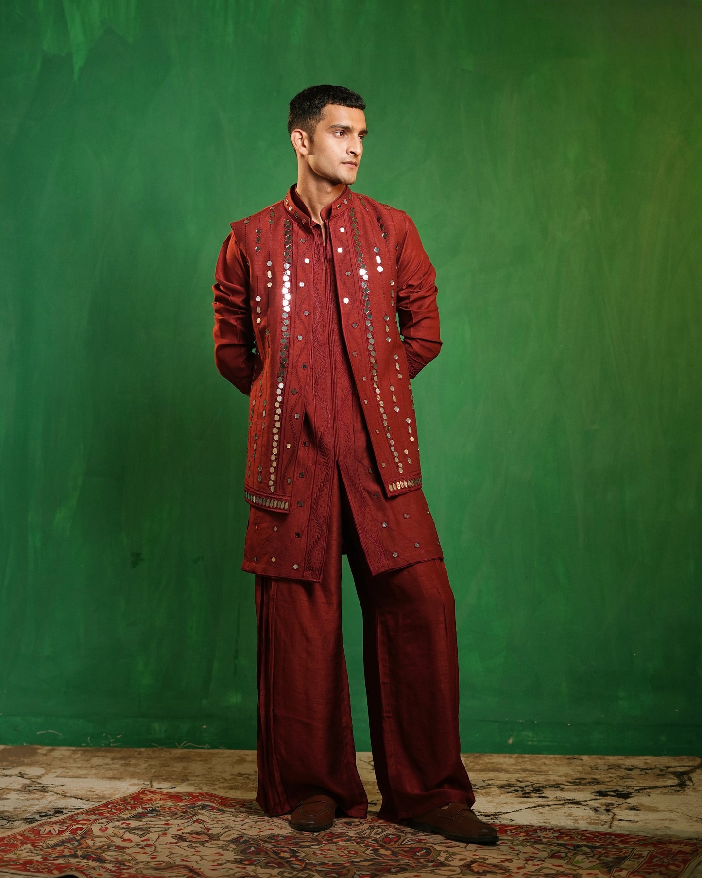 Deep Maroon Embellished Kurta Jacket Set (Set of 3)