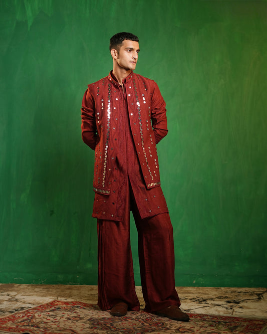 Deep Maroon Embellished Kurta Jacket Set (Set of 3)