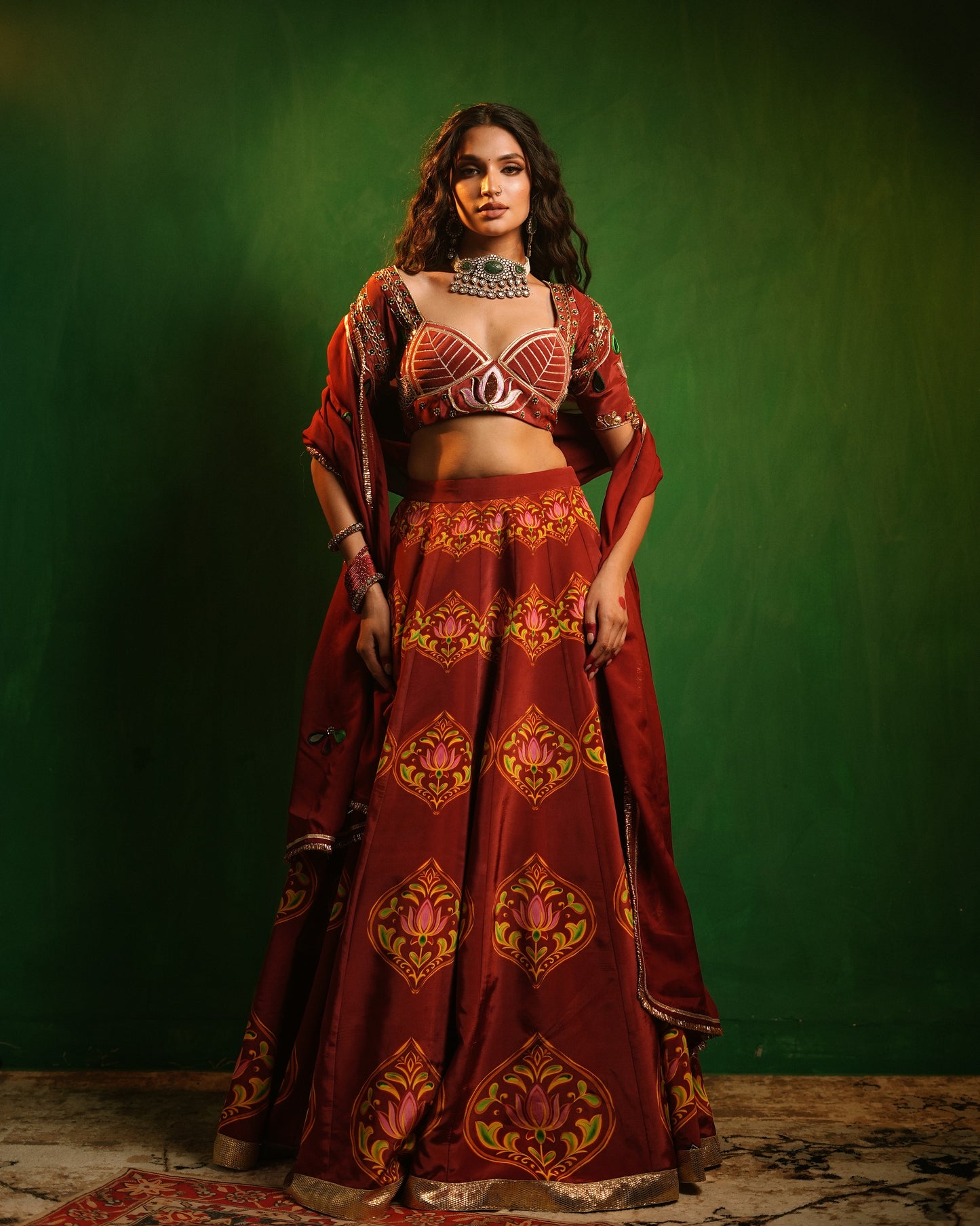 Maroon Lotus Aangi Heavy Lehenga Set (Set of 3)