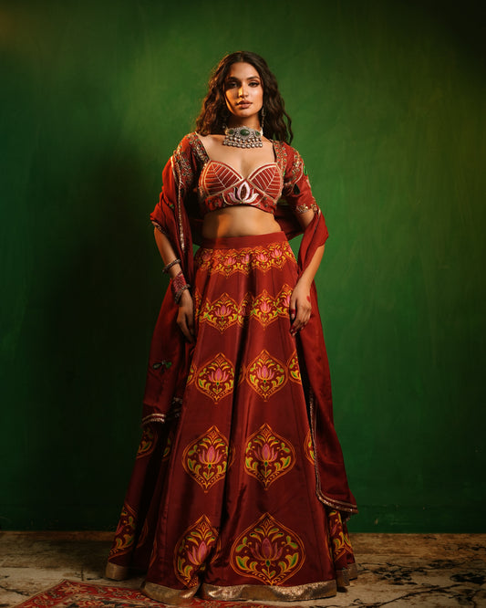 Maroon Lotus Aangi Heavy Lehenga Set (Set of 3)