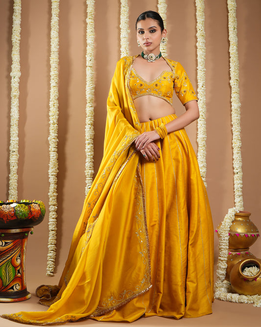 Mustard Yellow Heavy Slub Silk Lehenga Set (Set Of 3)