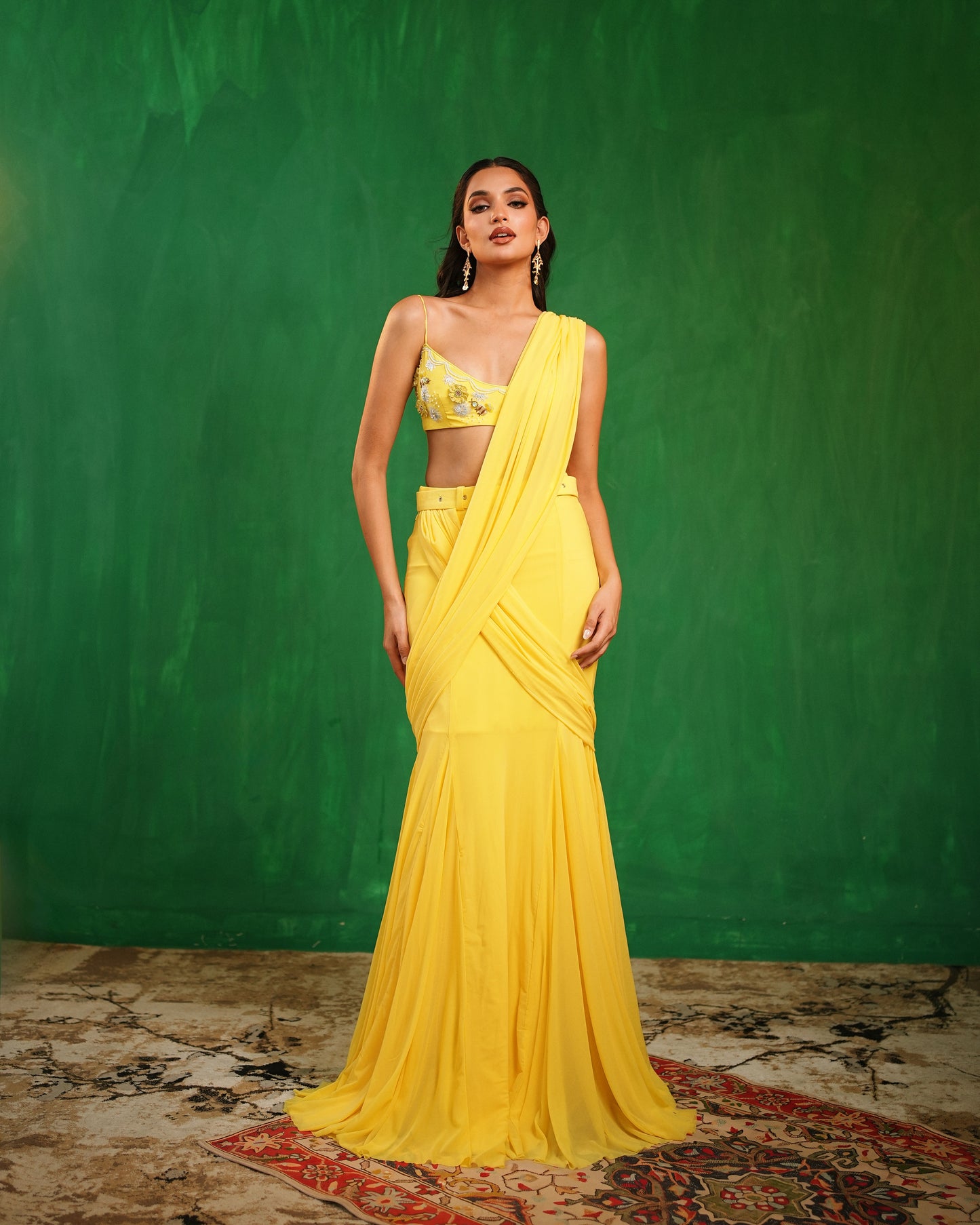 Sunshine Yellow Pre Drape Saree  Set  (Set of 2)
