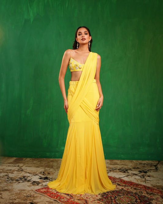 Sunshine Yellow Pre Drape Saree  Set  (Set of 2)