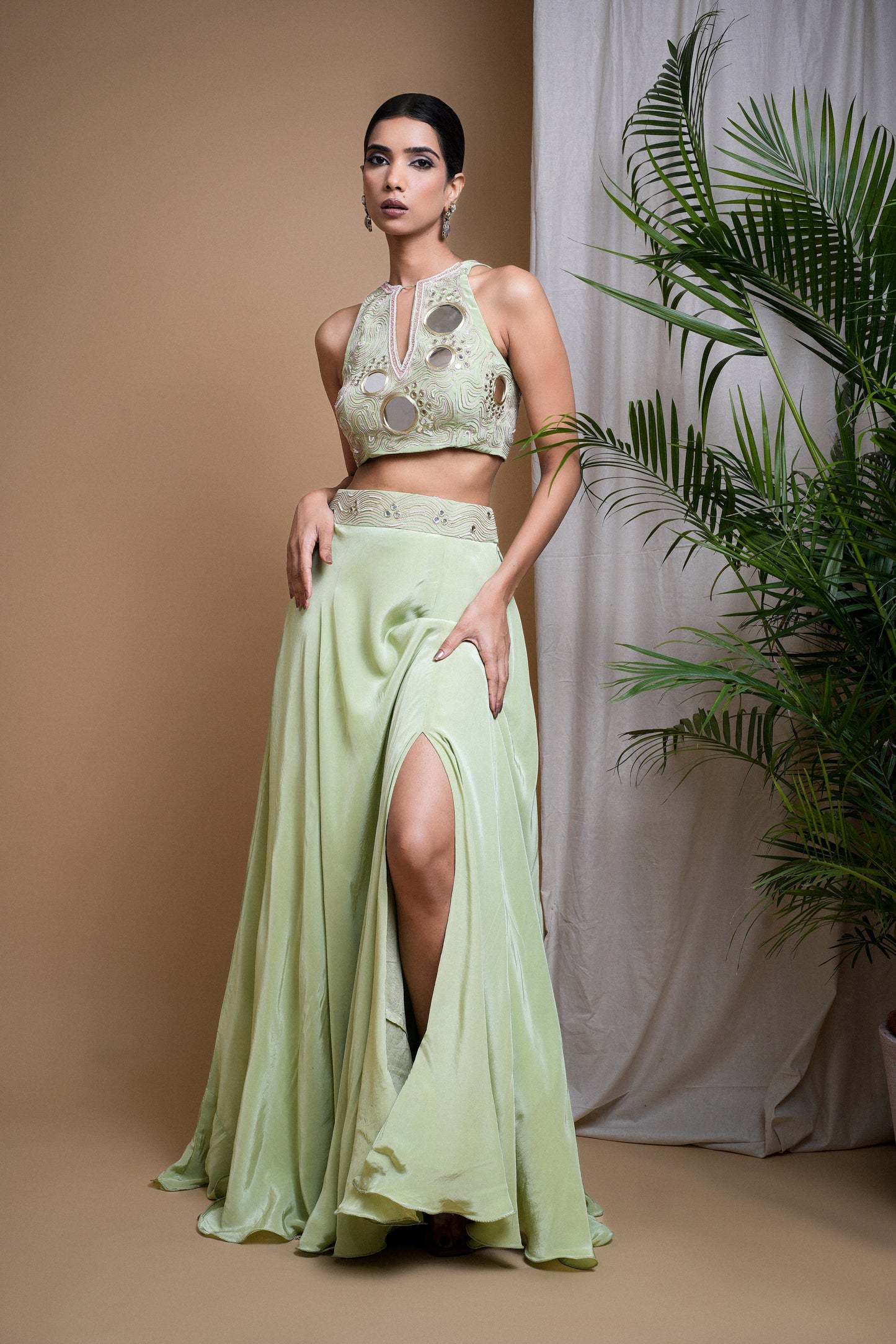 PASTEL PISTACHIO GREEN INDO SKIRT SET  (SET OF 2)