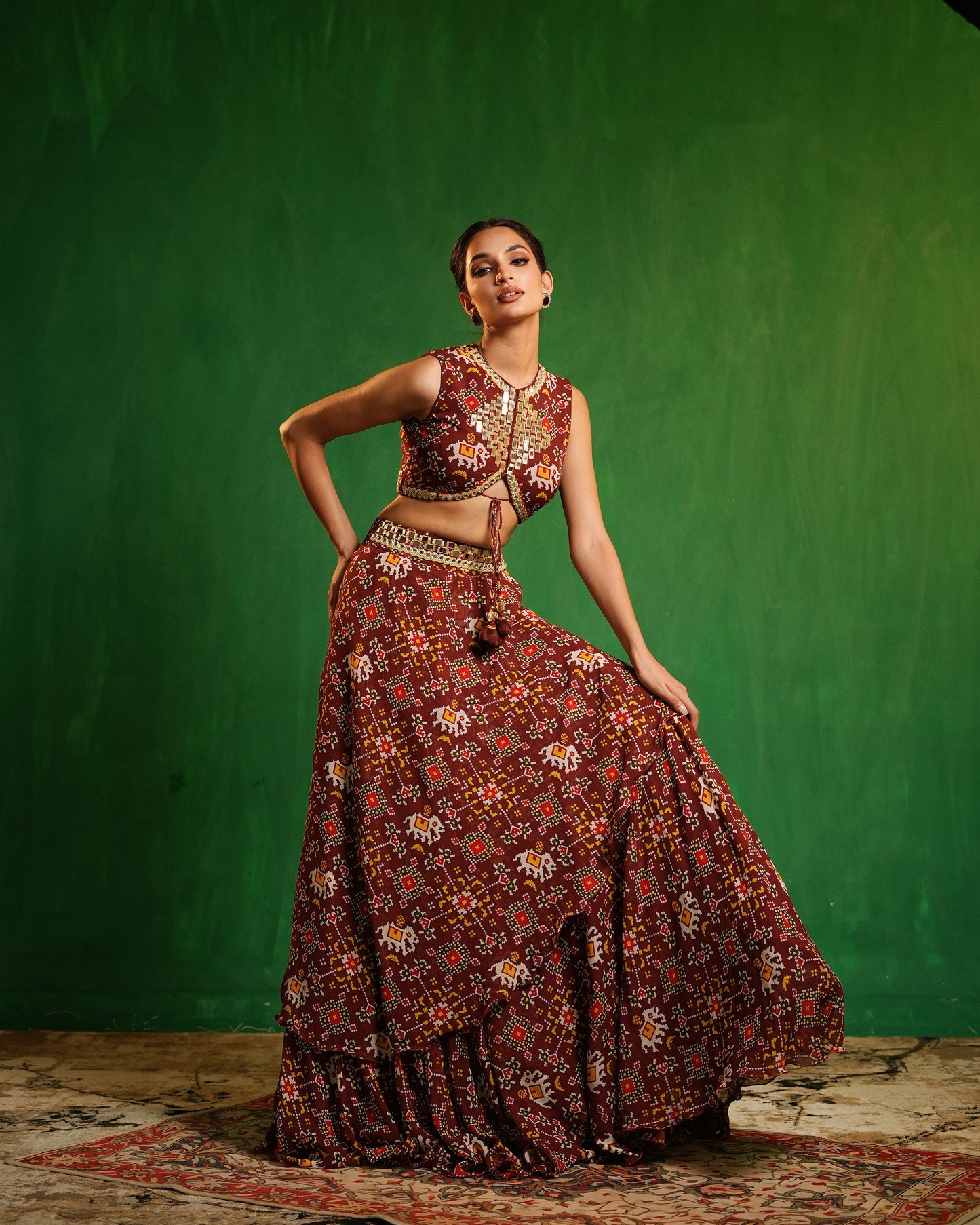 Maroon Patola Printed Indo Lehenga Set (Set of 2)