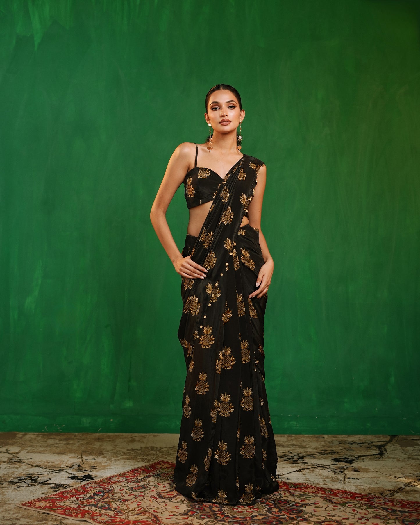 Pineapple Print Pre-Drape Saree With Statement Organza Poncho Set (Set of 3)
