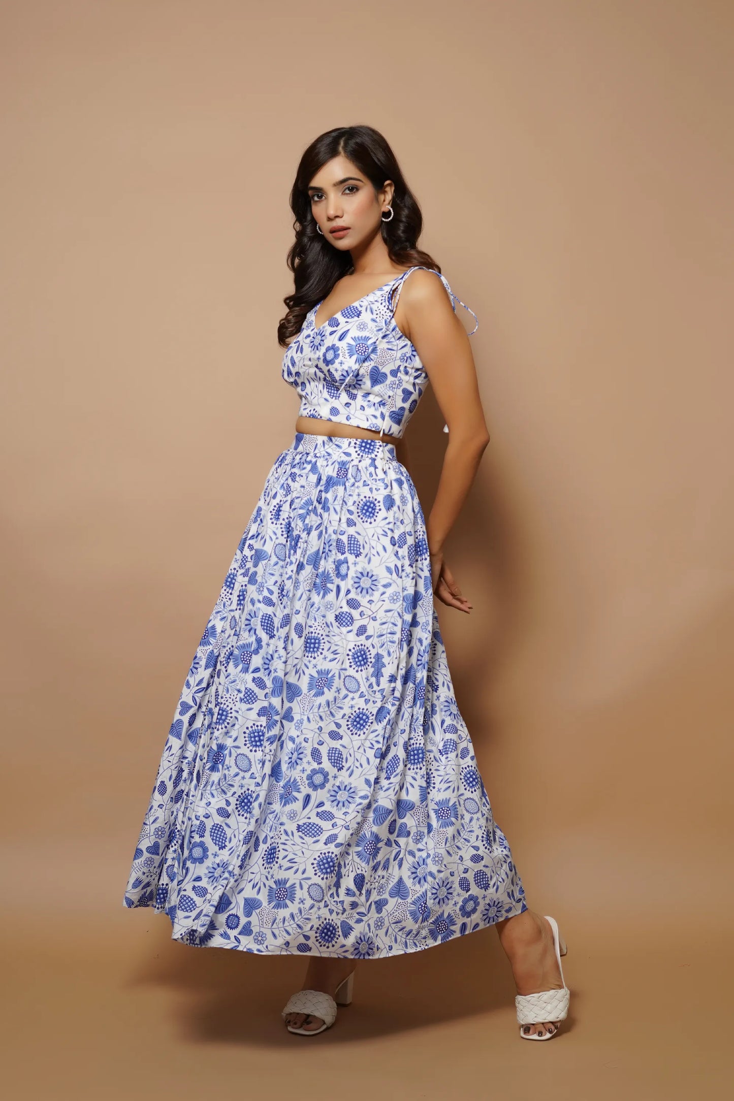 Block printed blue and white long skirt co-ord