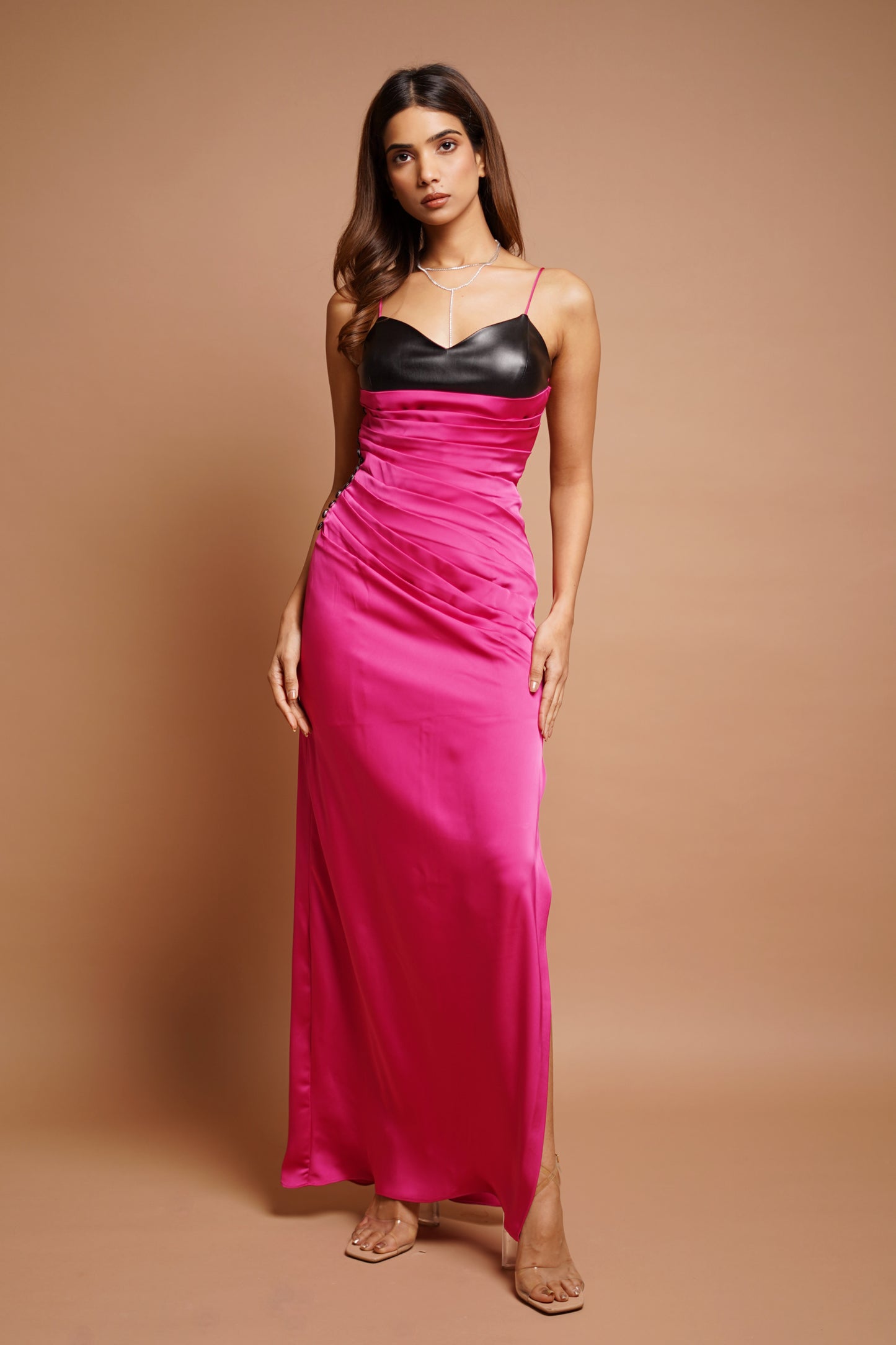 Pink Leather Drape Long Dress