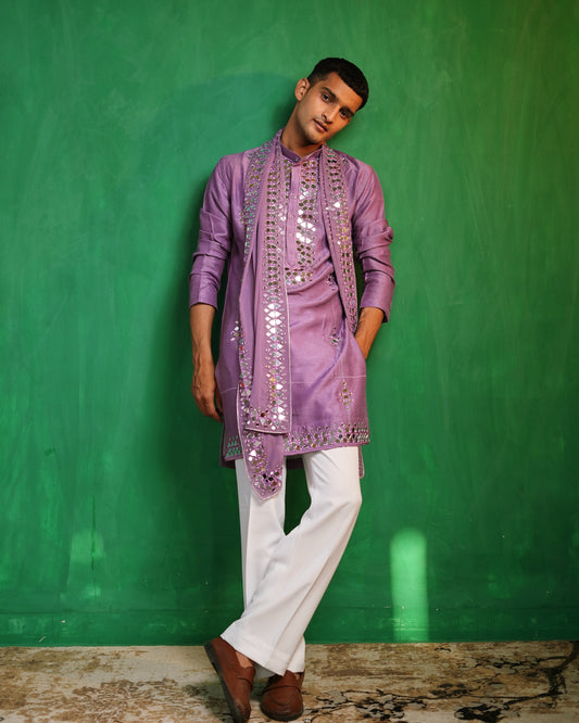 Lilac Mirror-Embroidered Heavy Kurta Set (Set of 3)
