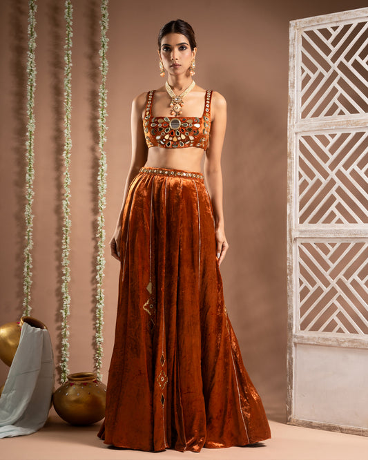 Rust Orange Velvet Indo Lehenga Set (Set of 2)