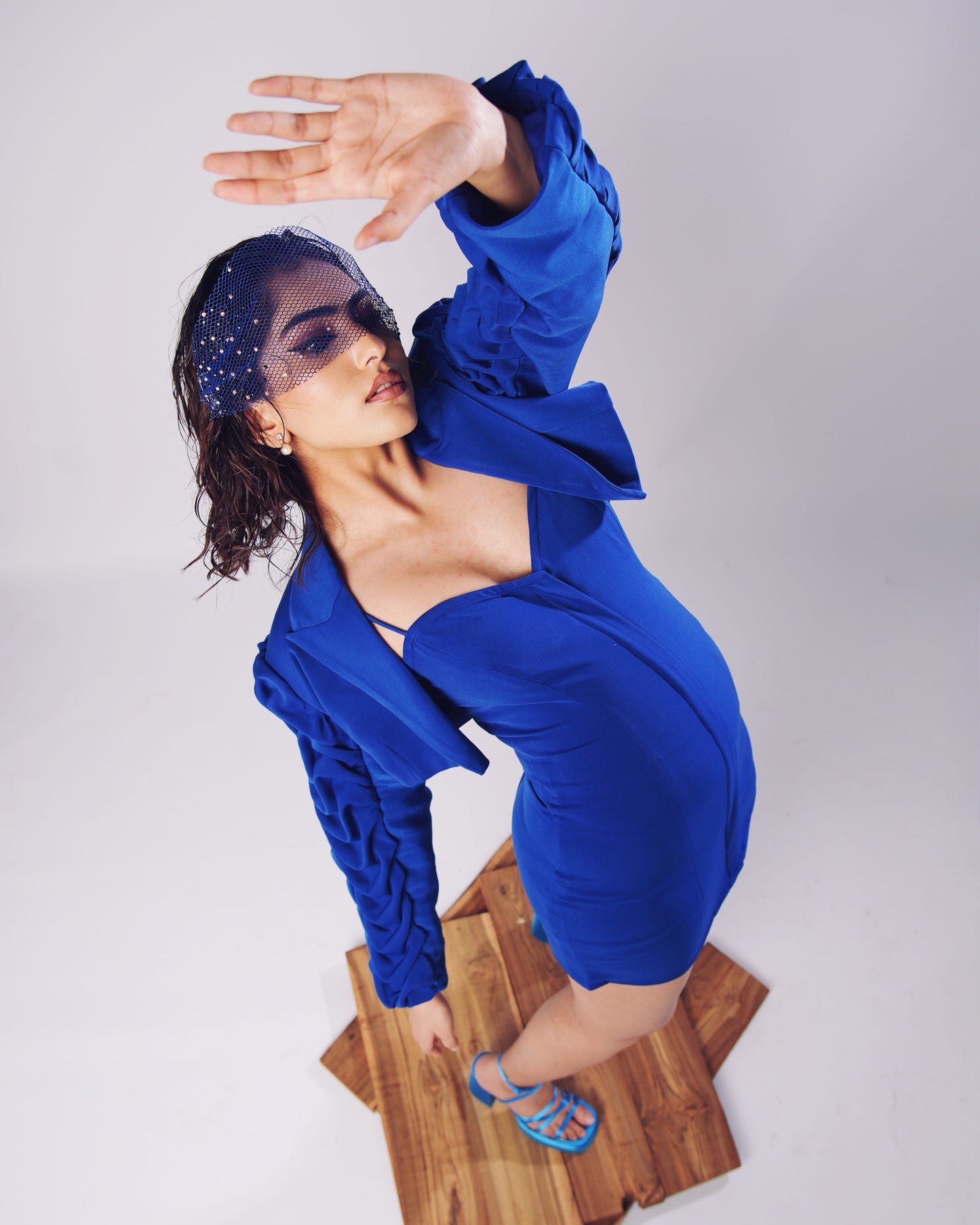 Scarlett - Cobalt Blue Sculpted Mini Dress With Textured Bolero