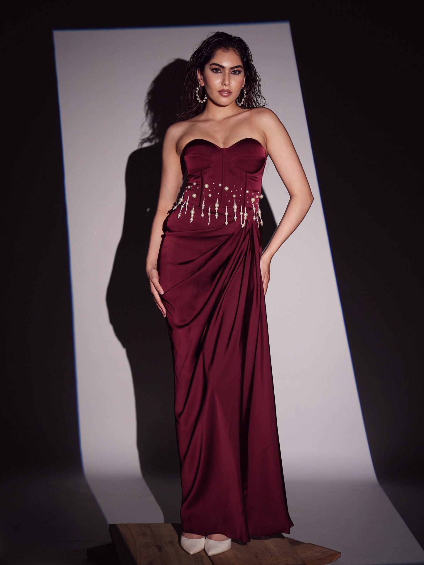 Olivia - Burgundy Pearl Corset Drape Set (SET OF 2)