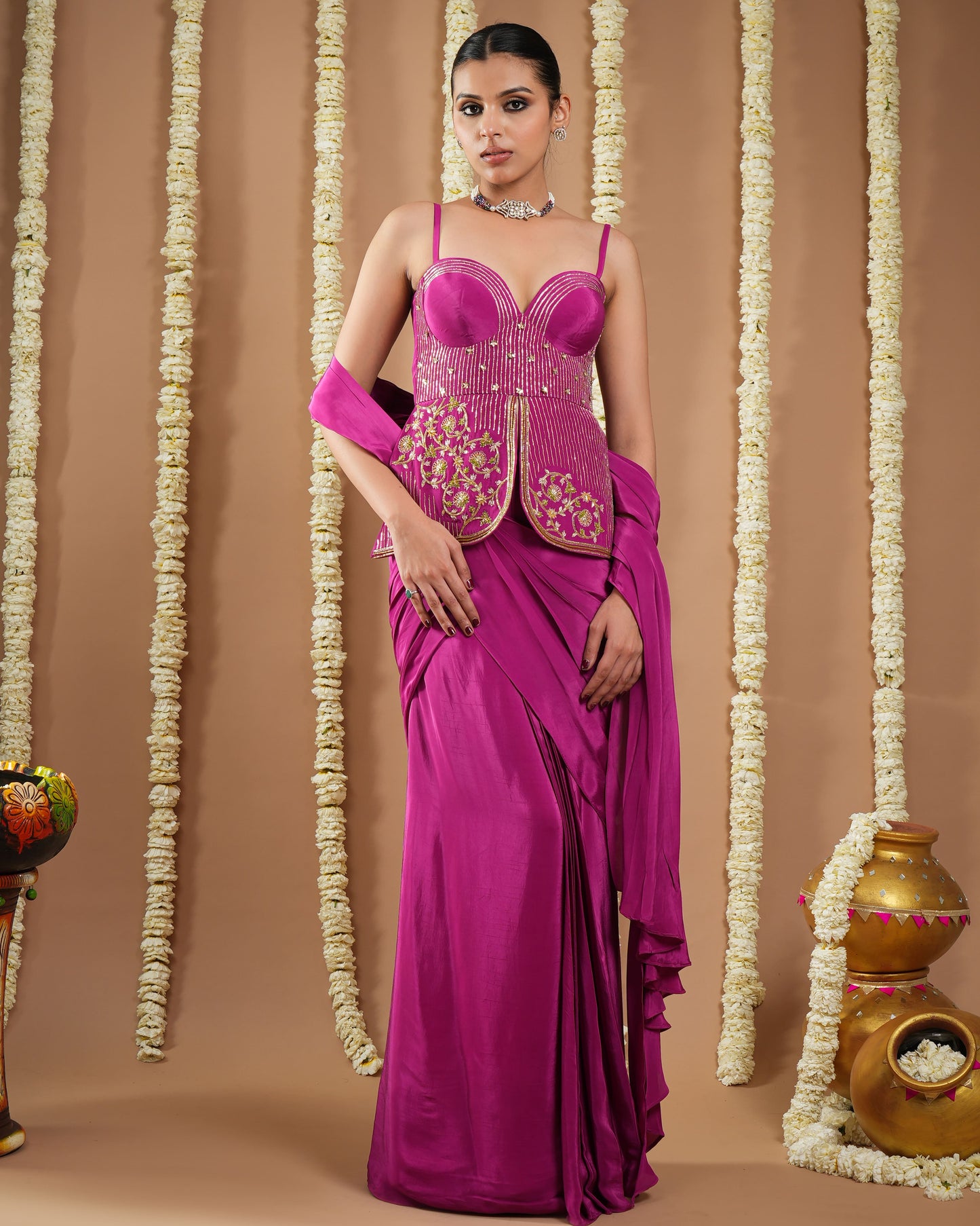 Grape Wine Long Corset Pre - Draped Saree  (Set Of 2)