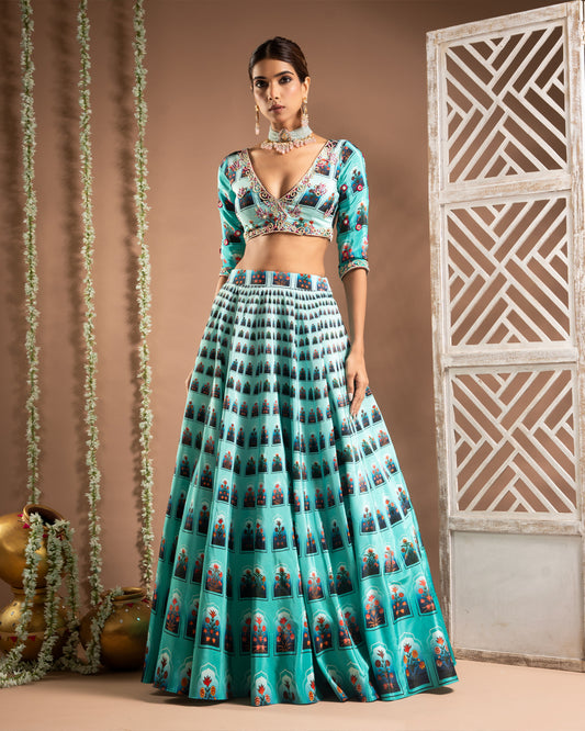 Blue Ombre Digital Print Indo-Lehenga Set (Set of 2)