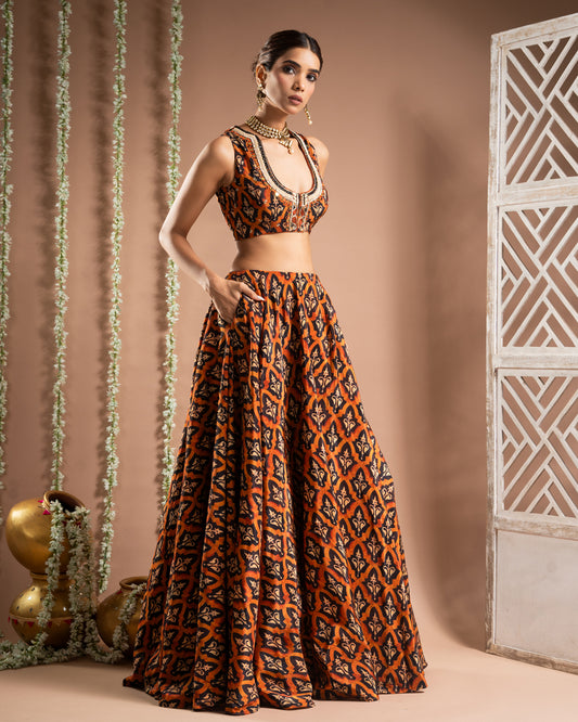 Black Rust Printed Lehenga Set (Set of 3)