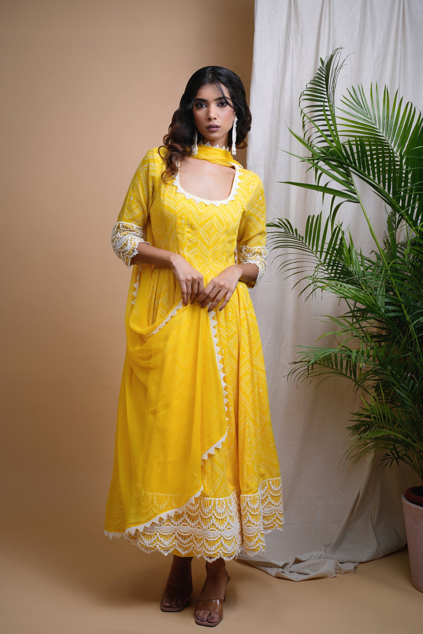 YELLOW BANDHANI DIGITAL PRINT ANARKALI SET (SET OF 3)