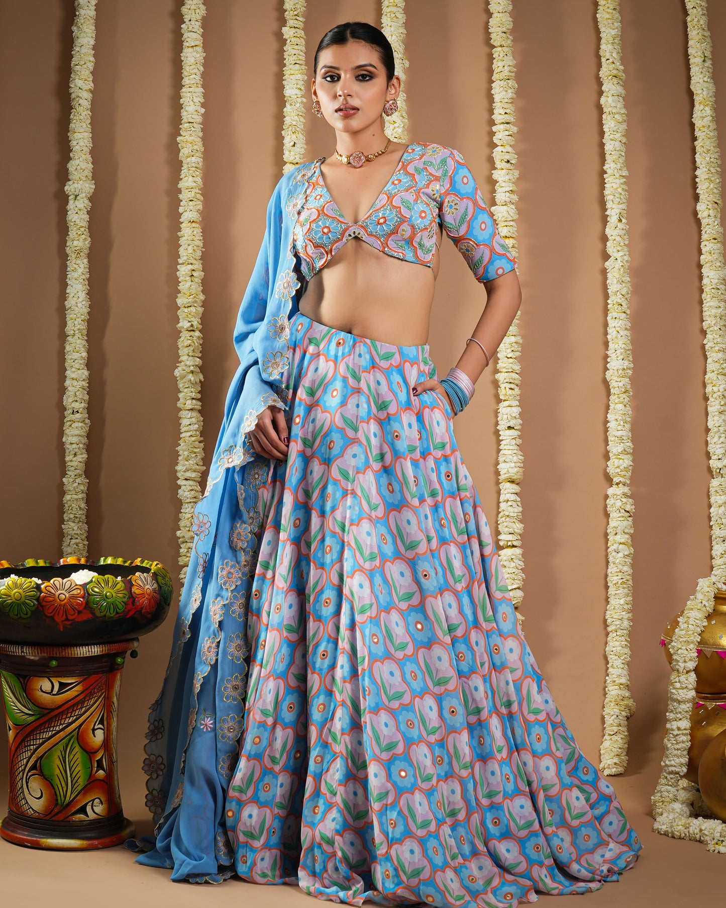 Endless Sky Blue Printed Lehenga Set (Set Of 3)