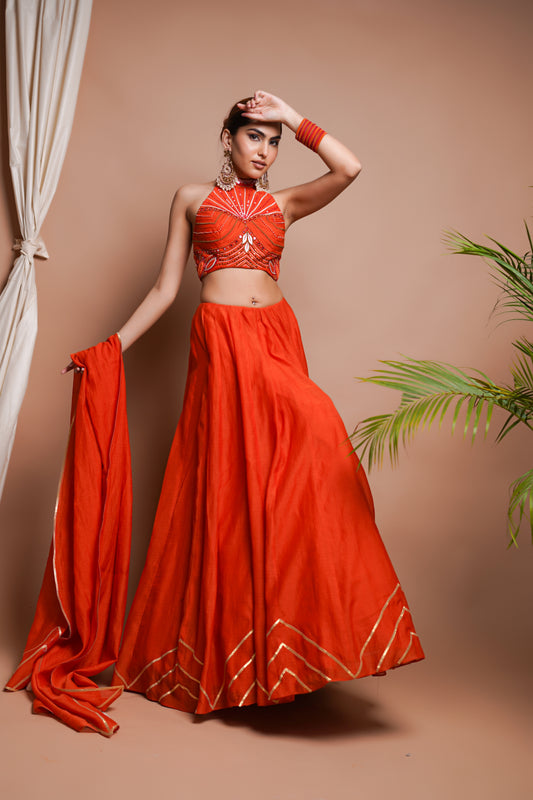 ORANGE CHANDERI LEHENGA SET (SET OF 3)