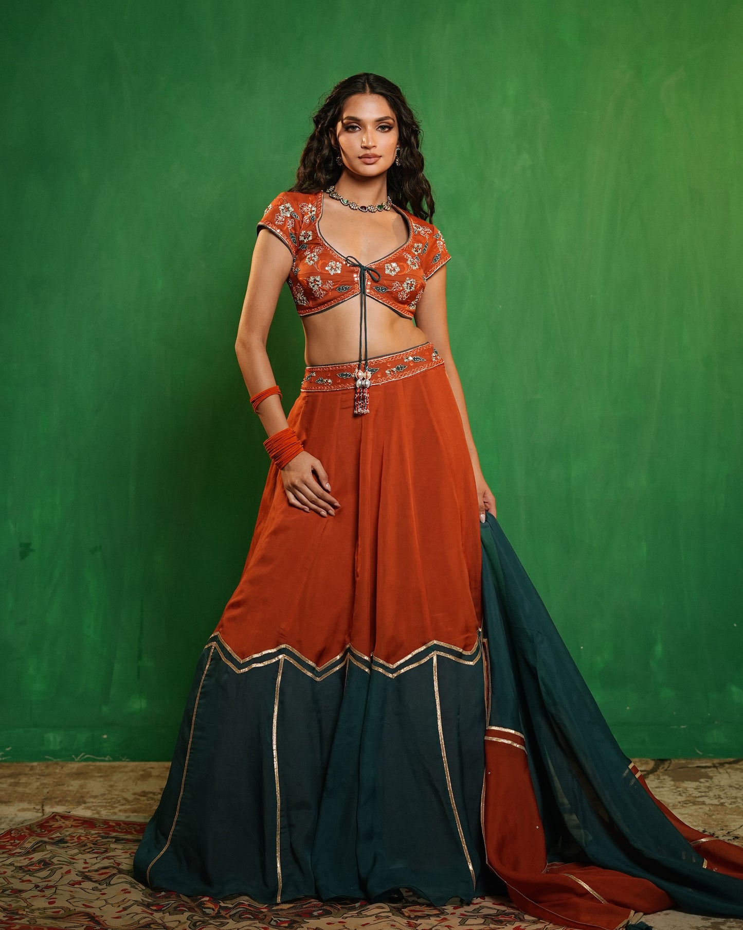 Rust-Teal Heavy Patchwork Lehenga Set (Set of 3)
