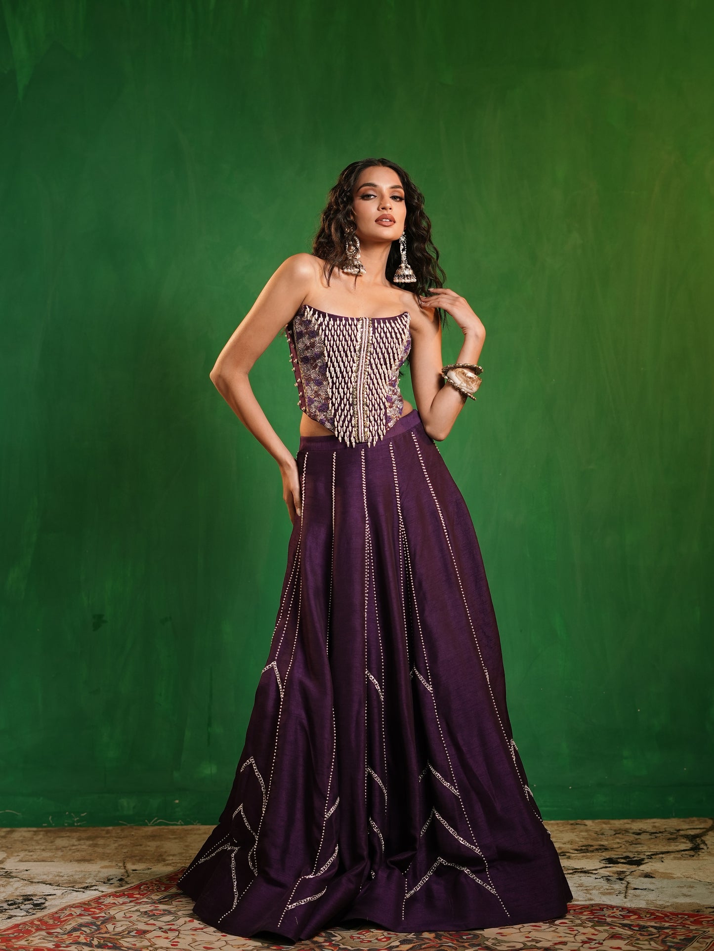 Dark Purple Corset Heavy Lehenga Set (Set of 2)