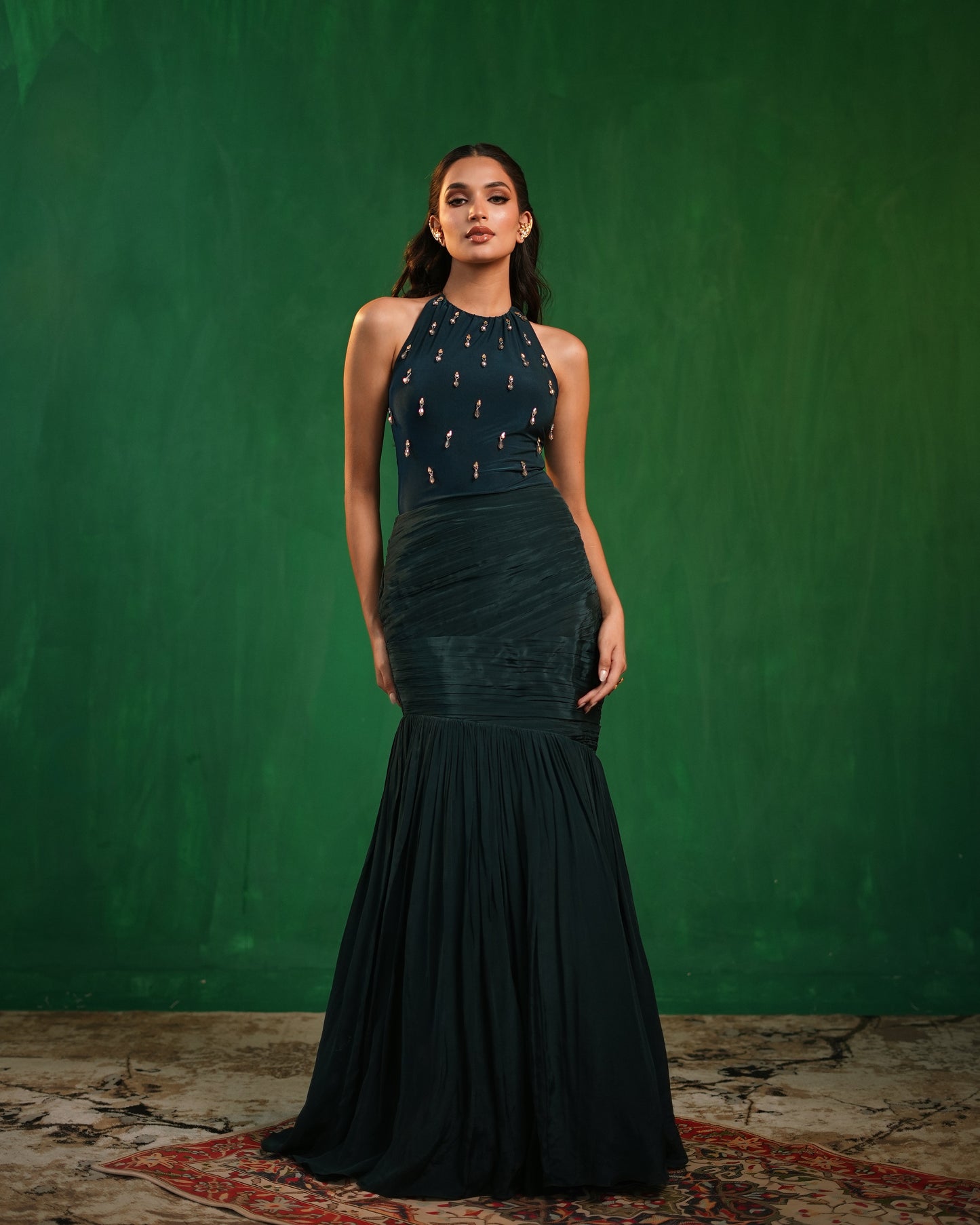 Midnight Green Halterneck Bodysuit With Drape Mermaid Skirt Set  (Set of 2)