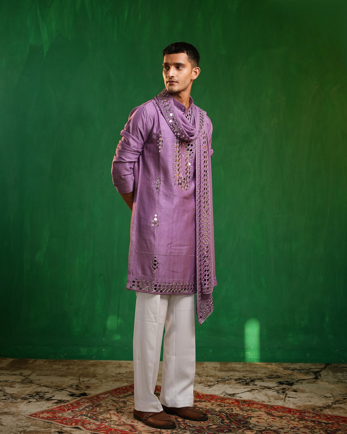 Lilac Mirror-Embroidered Heavy Kurta Set (Set of 3)