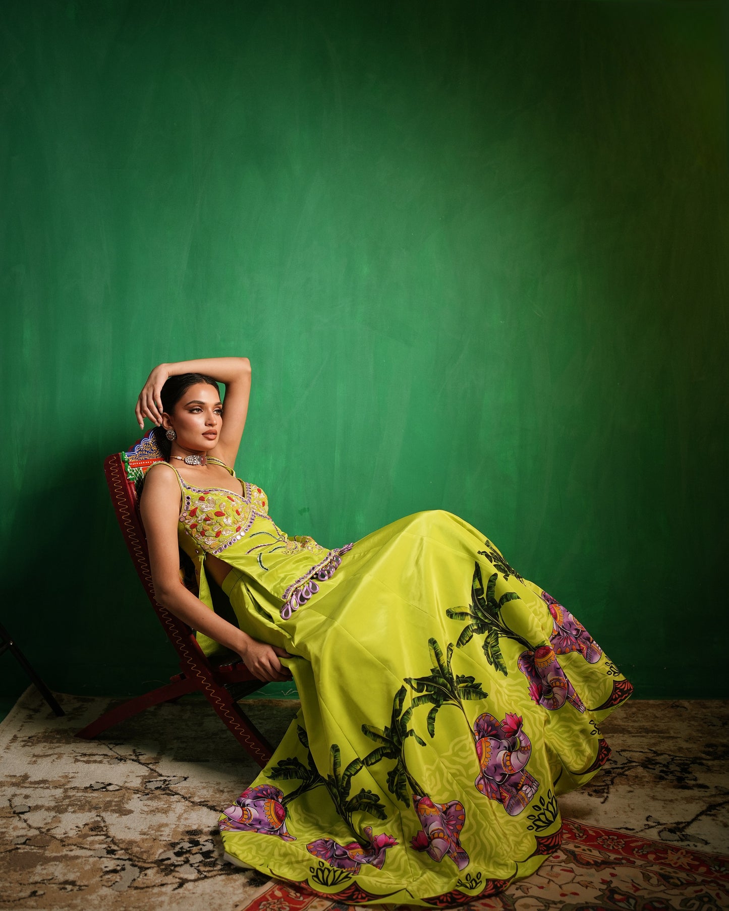 Green Purple Elephant Printed Indo Lehenga Set (Set of 2)