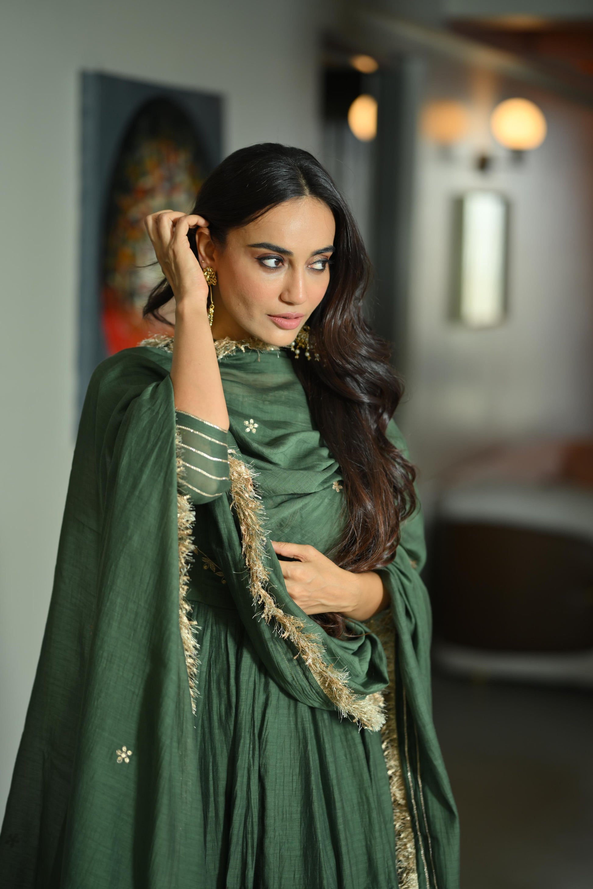 Mehendi Green Chanderi Silk Anarkali Suit Set (Set of 3) ahiclothing Mehendi Green Chanderi Silk Anarkali Suit Set (Set of 3) ahiclothing