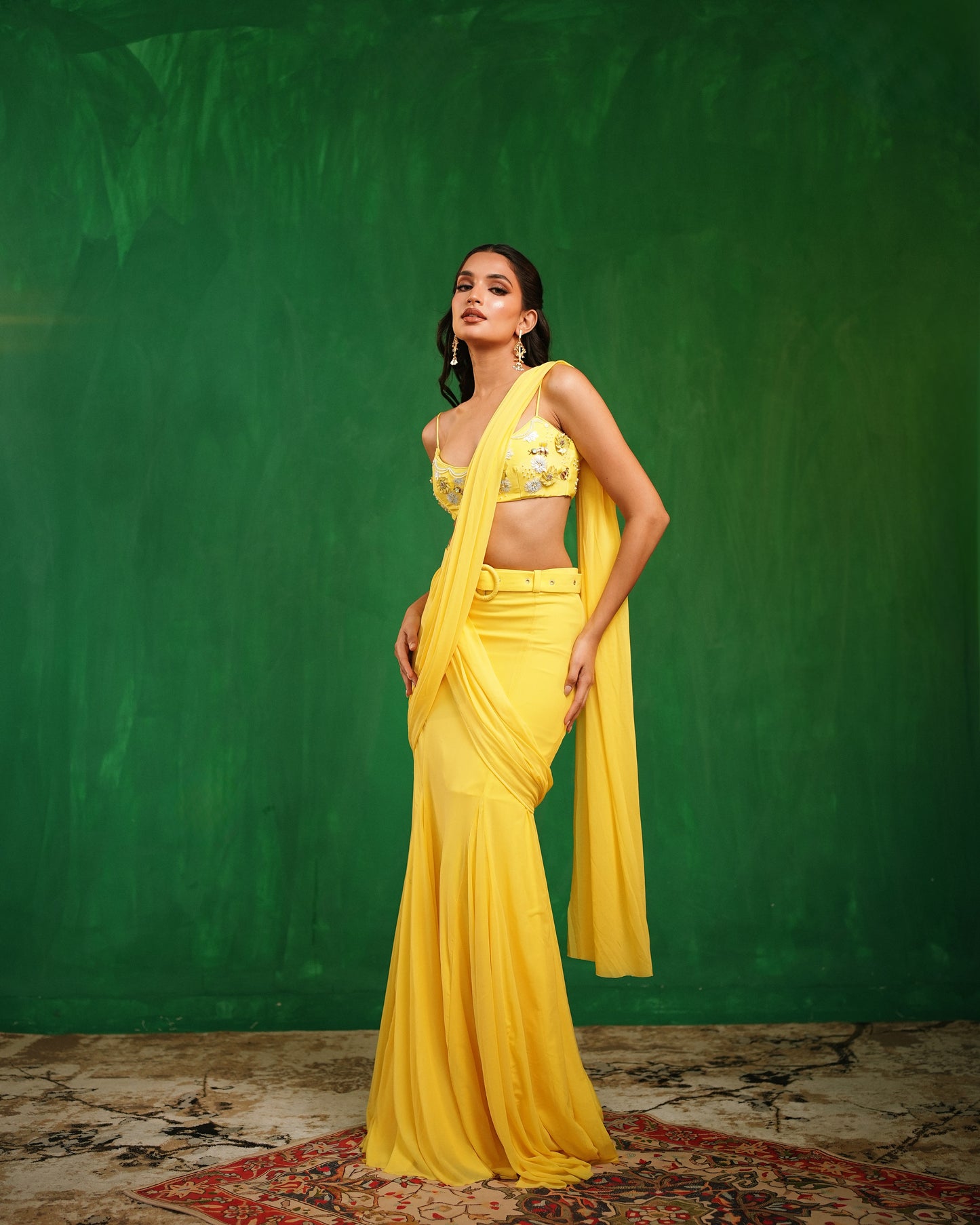 Sunshine Yellow Pre Drape Saree  Set  (Set of 2)